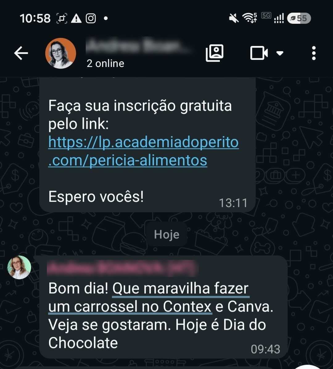 Relato no WhatsApp sobre criar um carrossel usando a ContextIA.