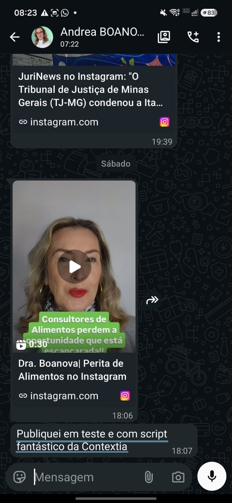 Relato no WhatsApp: publicação feita com script da ContextIA.