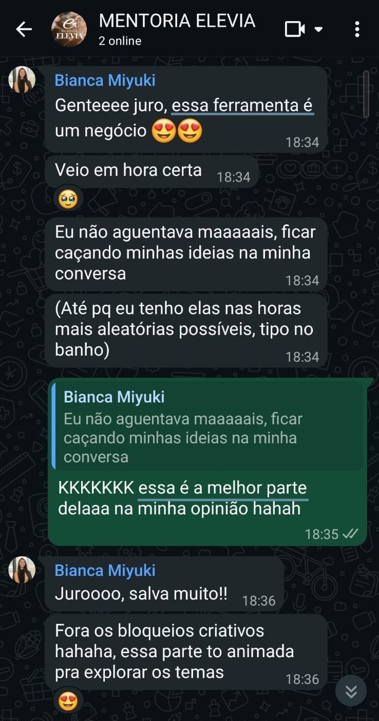 Relato no WhatsApp: a ferramenta salva muito e ajuda com bloqueios criativos.