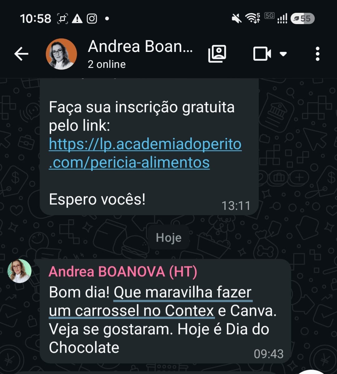 Relato no WhatsApp sobre criar um carrossel usando a ContextIA.