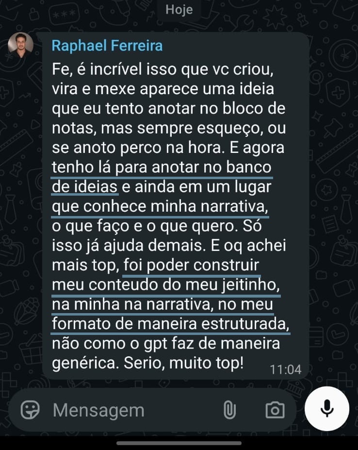 Relato no WhatsApp sobre registrar ideias no banco de ideias e criar conteúdo na própria narrativa.