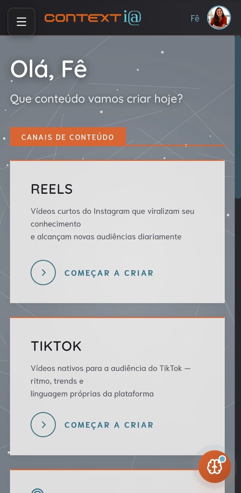 Dashboard da ContextIA no celular, com saudação e canais de conteúdo